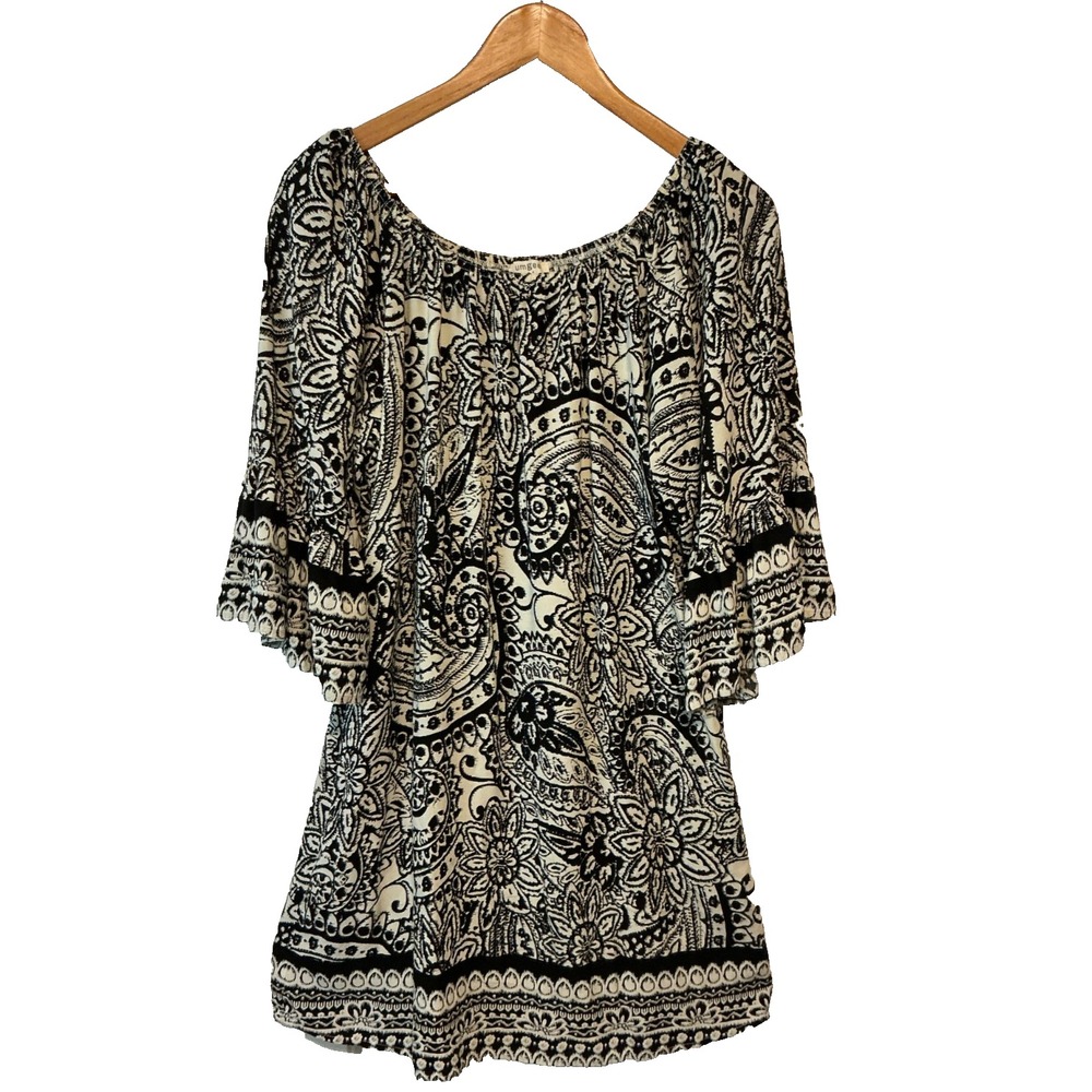 Umgee Cream Black Floral Mini Dress 3/4 Ruffle Sleeves Pockets Sz L Resort Boho